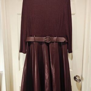 Burgundy Belted Midi Pleather Skirt Dress